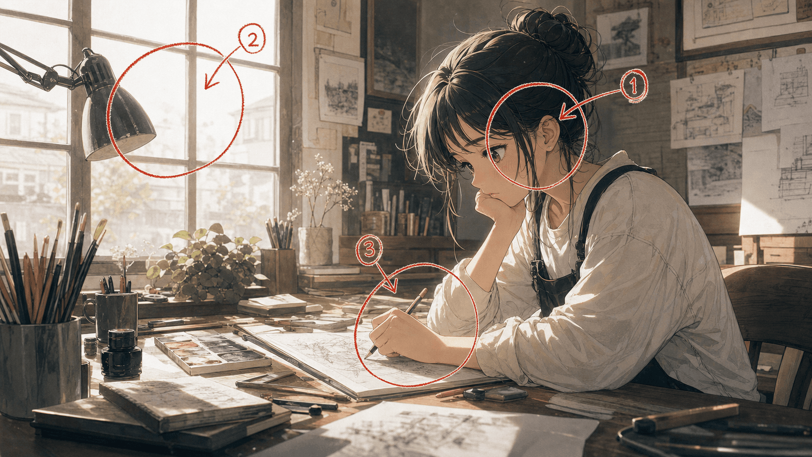 アトリエの作品にAIの赤ペン注釈が入った添削サンプル